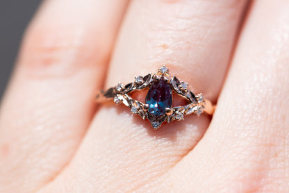 Unique Floral Rose Pear Lab Alexandrite Ring