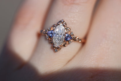 Unique Aurora Three Stone Marquise Moissanite and Color Moissanite Ring