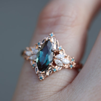 Unique Floral Rose Starlight Marquise Lab Alexandrite Ring