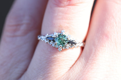 Unique Floral Rose Round Lab Green Sapphire and Black Moissanite Ring