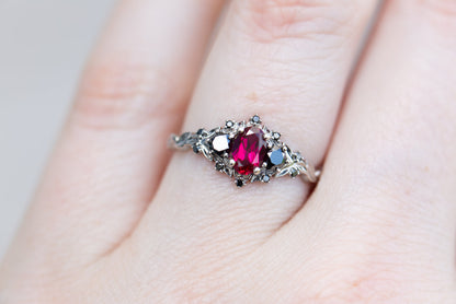 Unique Floral Rose Three Stone Oval Lab Ruby and Black onyx Ring