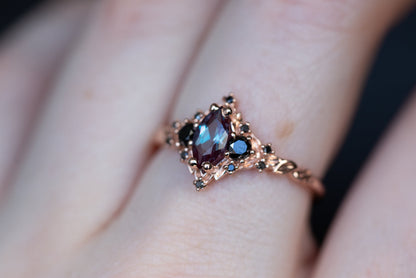 Unique Floral Rose Marquise Lab Alexandrite and Black Moissanite Ring