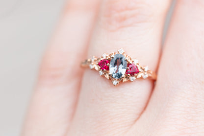 Unique Floral Rose Three Stone Oval Lab Grey Spinel and Ruby Ring