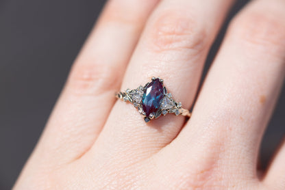Unique Floral Rose Three Stone Marquise Lab Alexandrite Ring