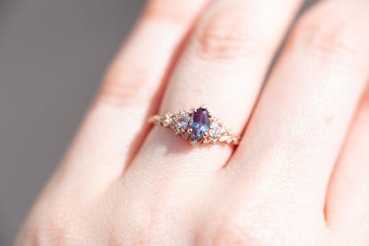 Unique Floral Rose Oval Lab Alexandrite and Moissanite Ring