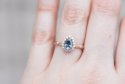 Unique Halo Leaf Pear Blue Grey Moissanite Ring