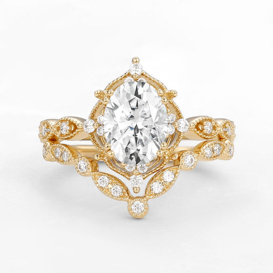 Vintage floral engagement rings Oval Moissanite Signature Ring Bridal Ring Set