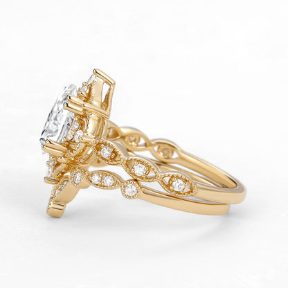 Vintage floral engagement rings Oval Moissanite Signature Ring Bridal Ring Set