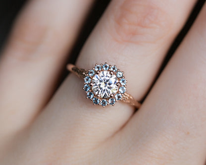 Unique Halo Midsummer Round Shaped Moissanite Ring