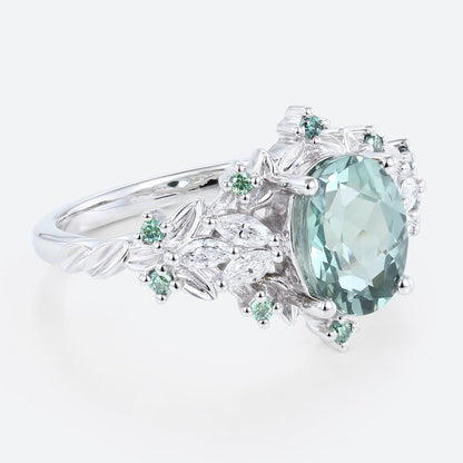 Unique Briar Rose Starlight Oval Green Sapphire Engagement Ring