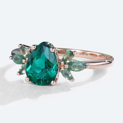 Unique Pear Lab Emerald Ring Petal Moss Agate Side Stones Engagement Ring