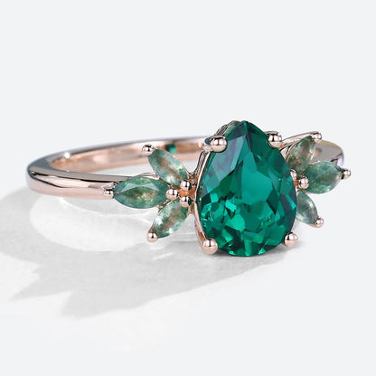 Unique Pear Lab Emerald Ring Petal Moss Agate Side Stones Engagement Ring