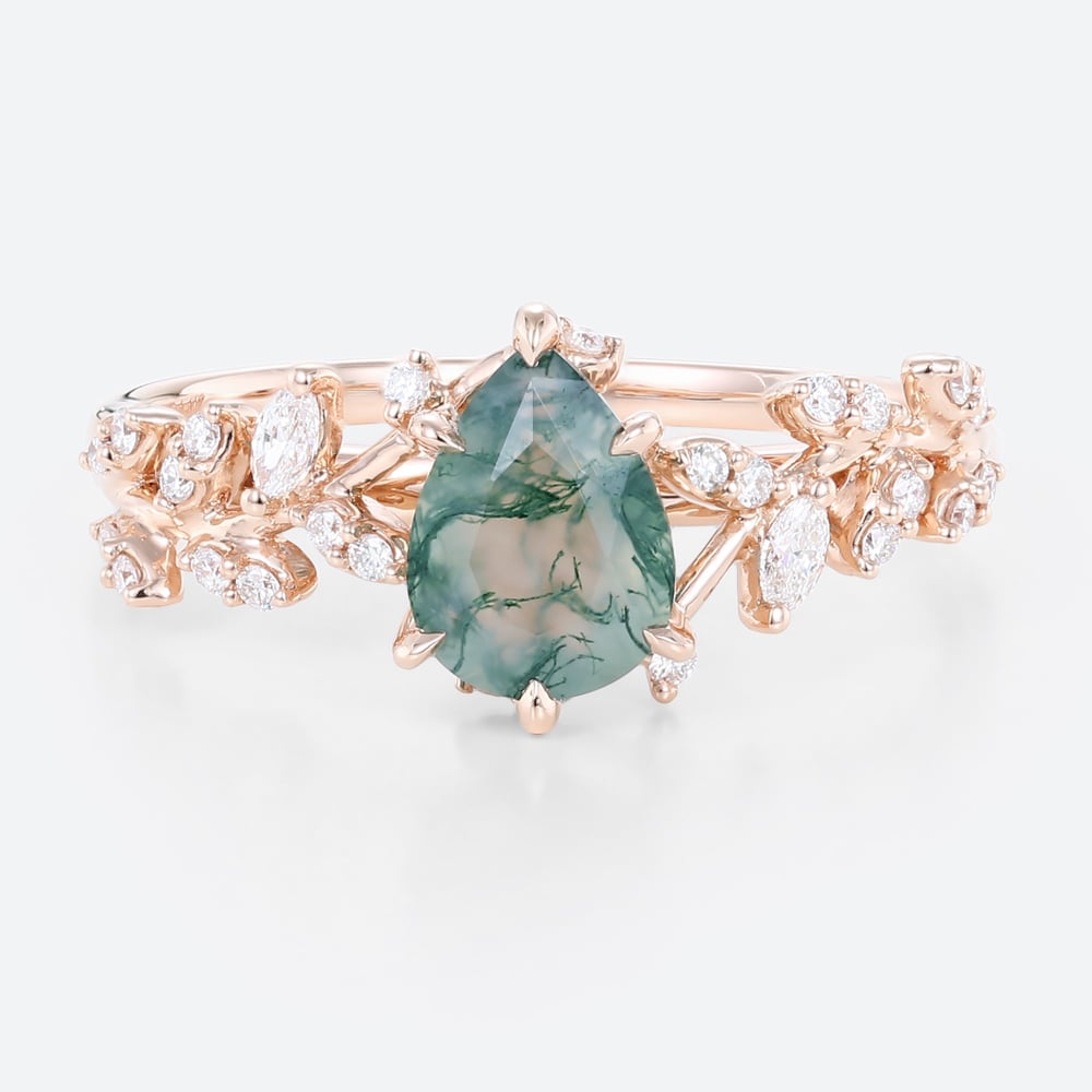 Unique floral engagement rings Pear Moss Agate Leaf Engagement Ring Mystical Garden Bridal Ring Promise Ring