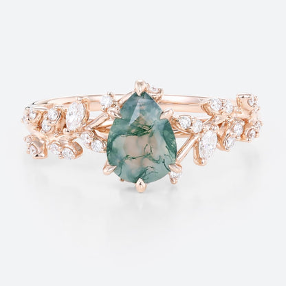 Unique floral engagement rings Pear Moss Agate Leaf Engagement Ring Mystical Garden Bridal Ring Promise Ring