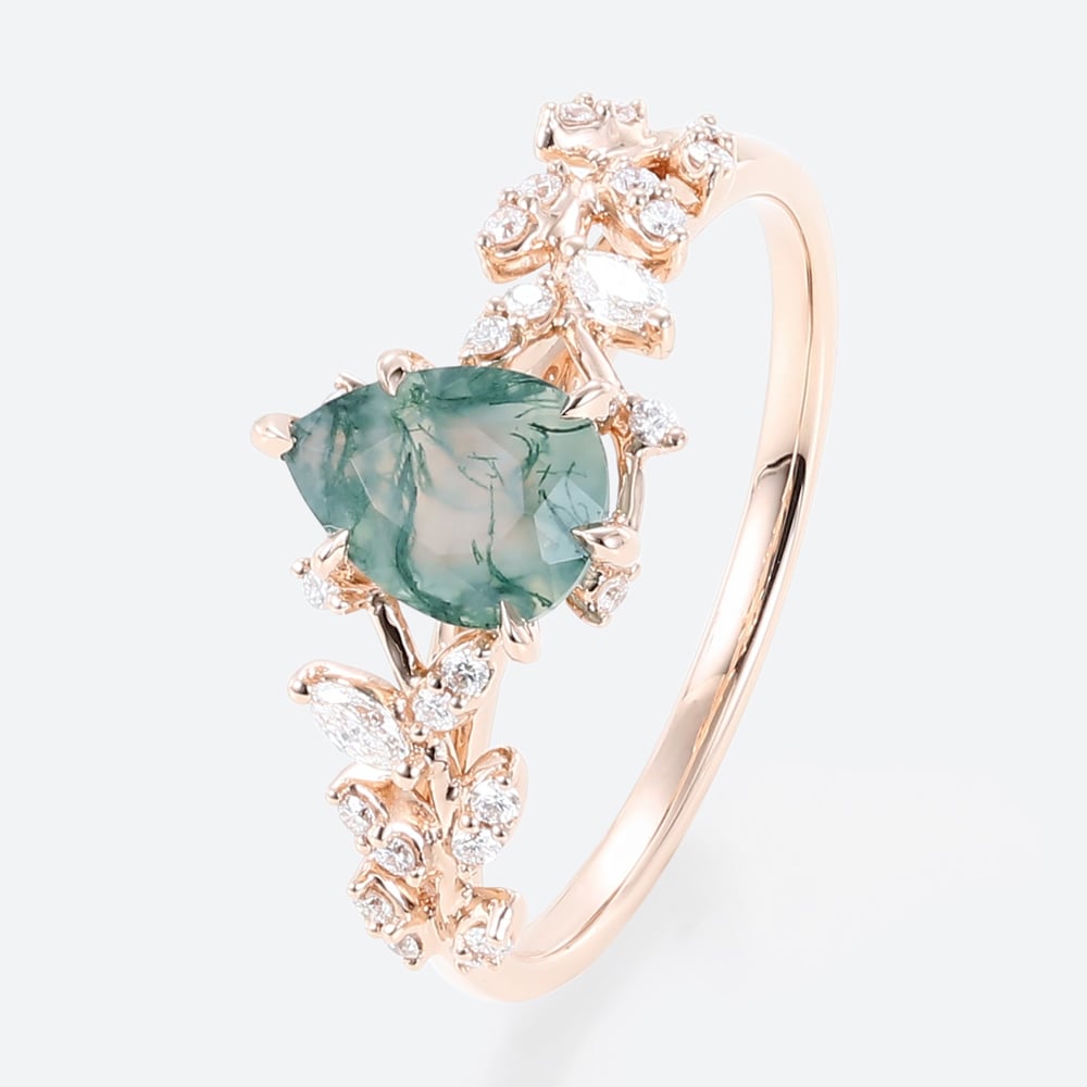 Unique floral engagement rings Pear Moss Agate Leaf Engagement Ring Mystical Garden Bridal Ring Promise Ring