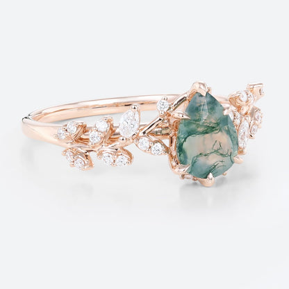 Unique floral engagement rings Pear Moss Agate Leaf Engagement Ring Mystical Garden Bridal Ring Promise Ring