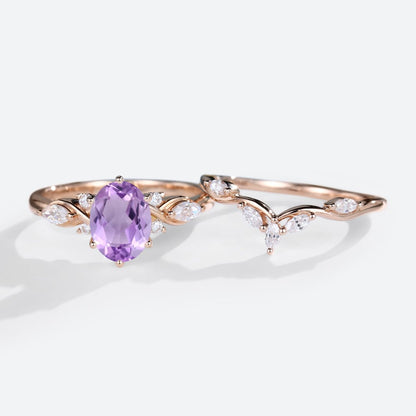 Vintage Oval Amethyst and Moissanite Curved Wedding Ring Set Bridal Ring Set