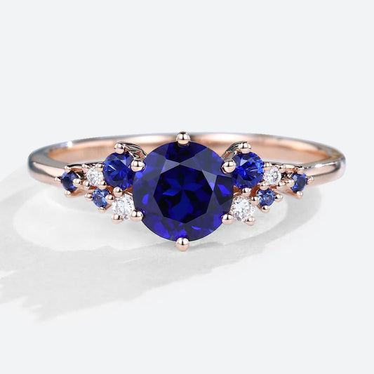 Unique Round Lab Sapphire Engagement Rings Cluster Promise Ring