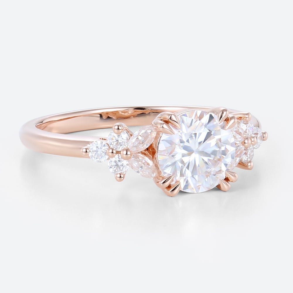 Unique Round Moissanite Floral Cluster Engagement Rings Double Prong Bridal Ring