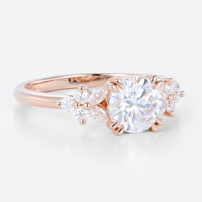 Unique Round Moissanite Floral Cluster Engagement Rings Double Prong Bridal Ring