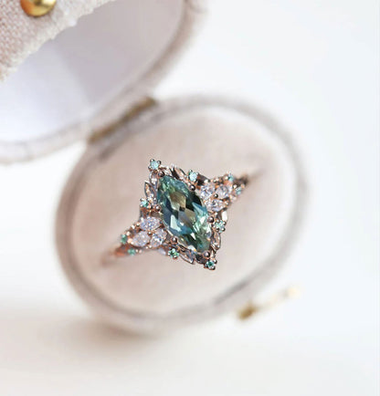 Unique floral engagement rings Briar Rose Starlight Marquise Green Lab Sapphire Ring