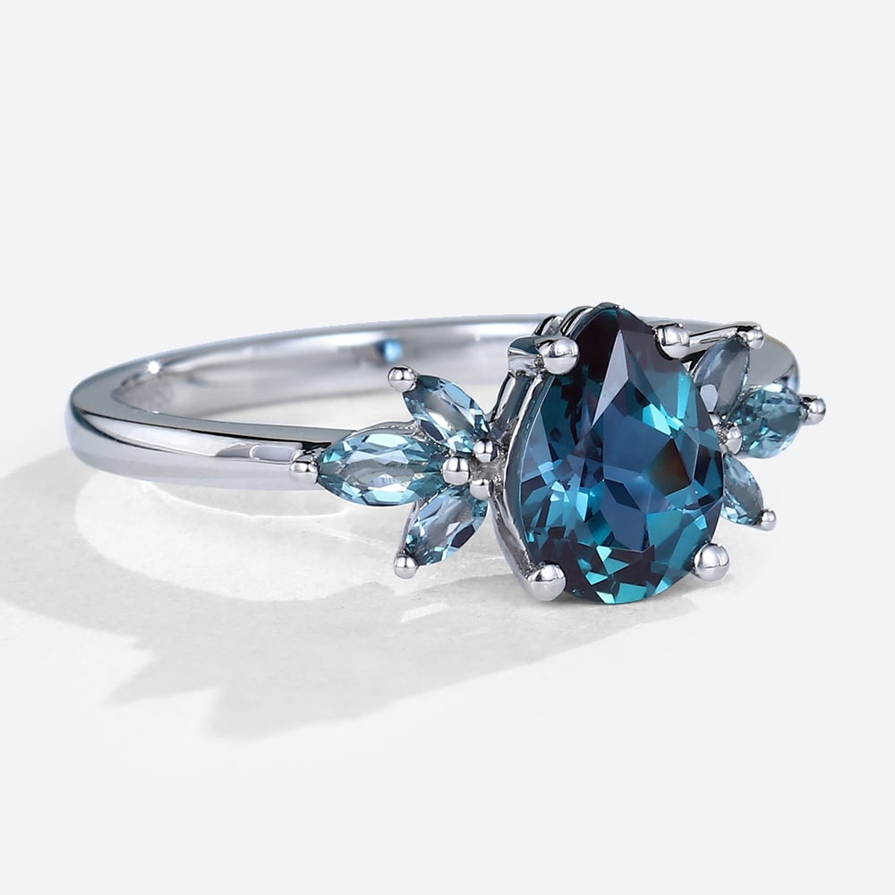 Unique Pear Lab Alexandrite Engagement Ring with Petal Accents