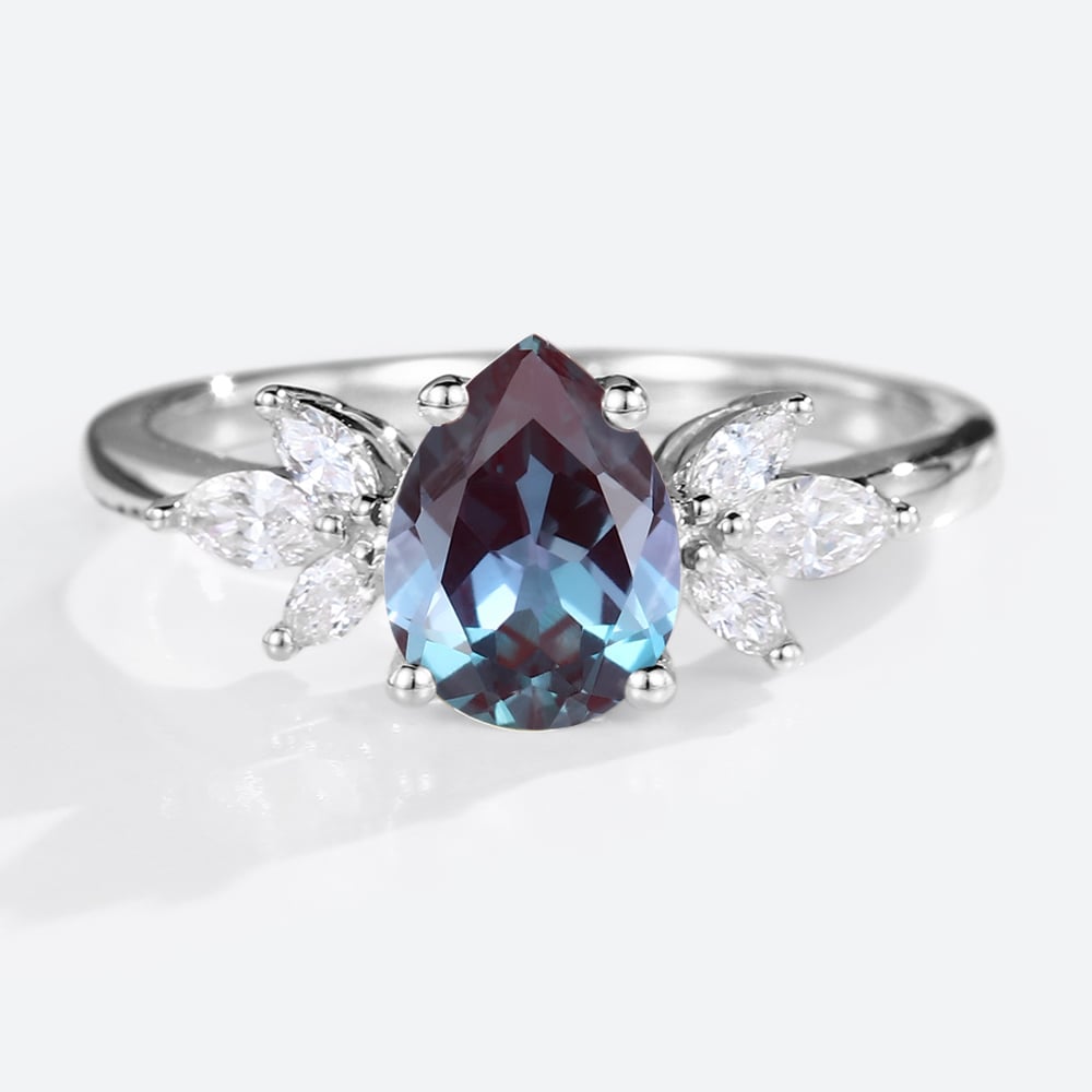 Unique Pear Lab Alexandrite and Moissanite Engagement Ring