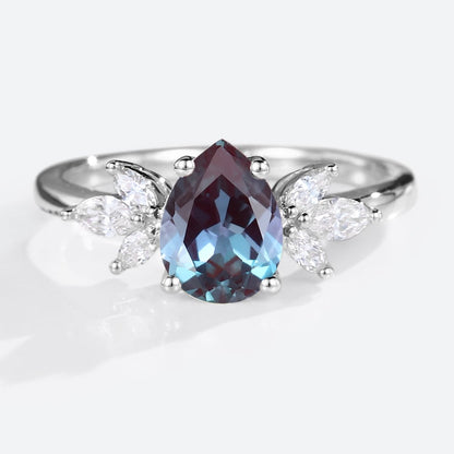Unique Pear Lab Alexandrite and Moissanite Engagement Ring