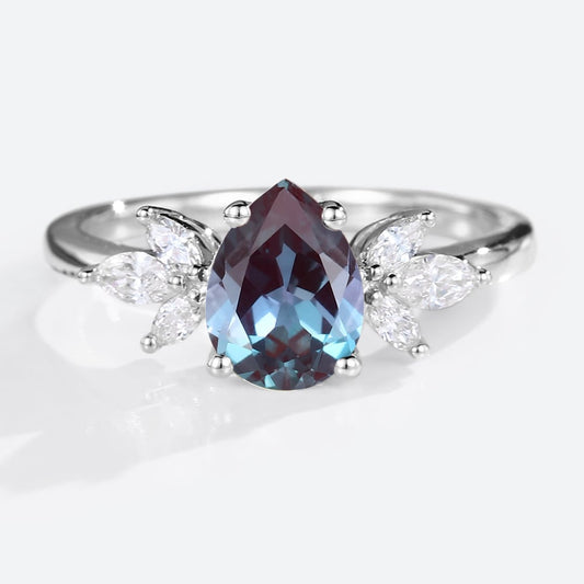 Unique Pear Lab Alexandrite and Moissanite Engagement Ring