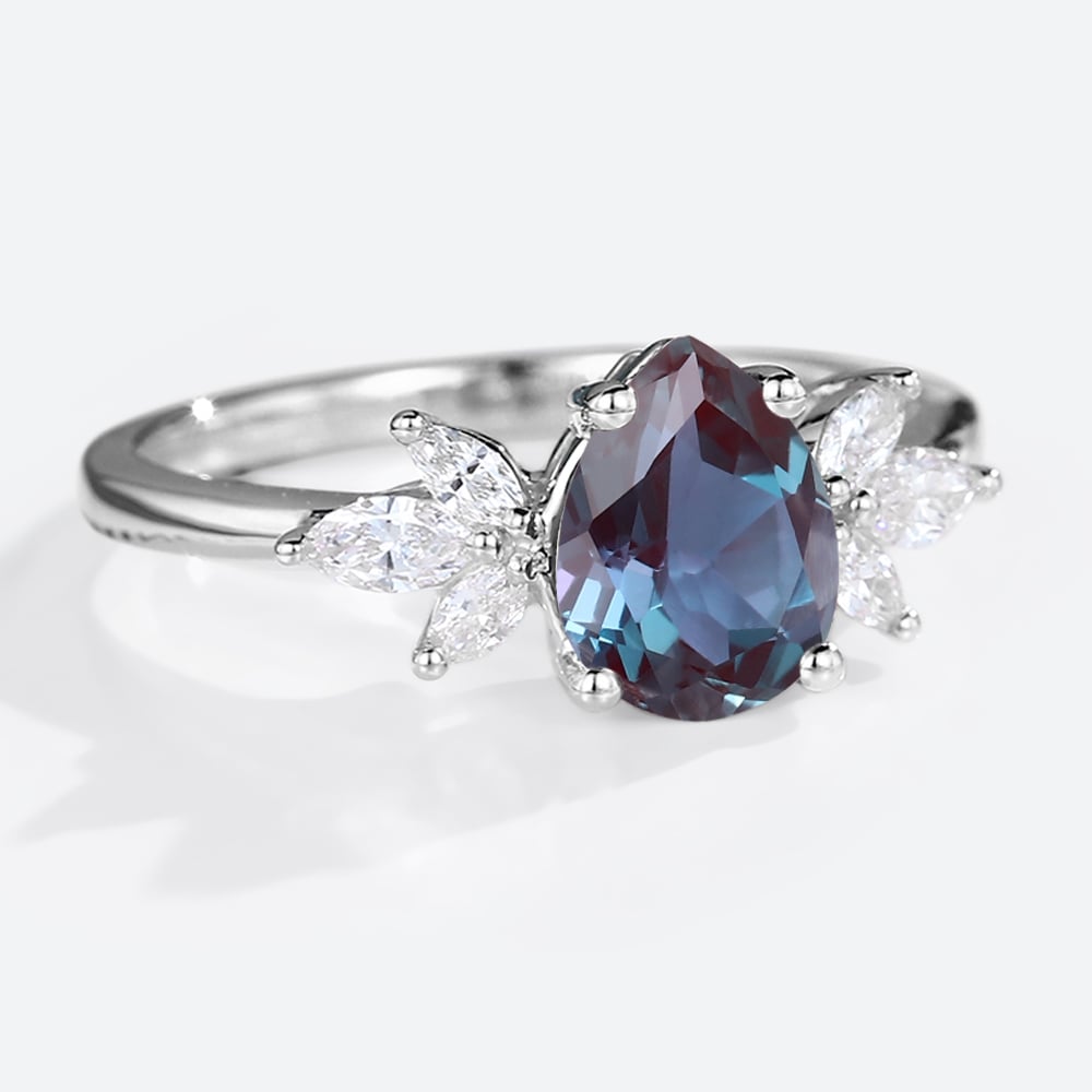 Unique Pear Lab Alexandrite and Moissanite Engagement Ring