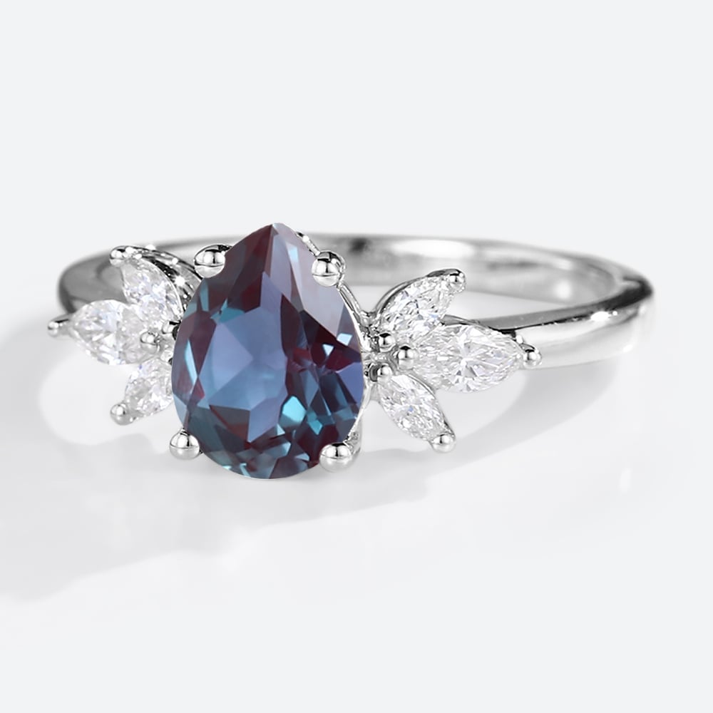 Unique Pear Lab Alexandrite and Moissanite Engagement Ring
