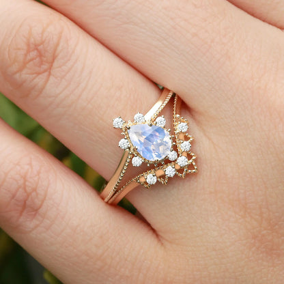 Vintage Pear Moonstone and Moissanite Chevron Ring Set Bridal Set