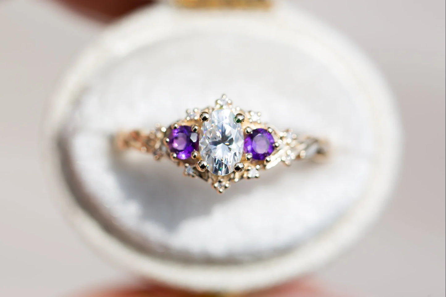 Unique Celeste Rose Oval Moissanite and Lab Amethyst Ring