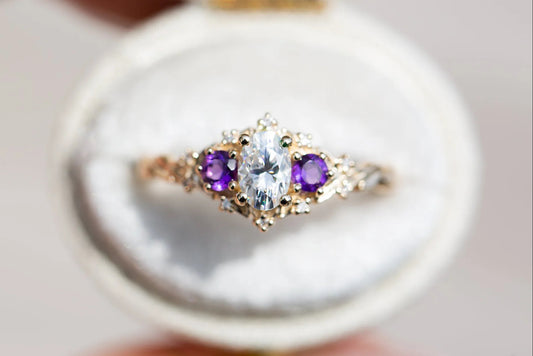 Unique Celeste Rose Oval Moissanite and Lab Amethyst Ring