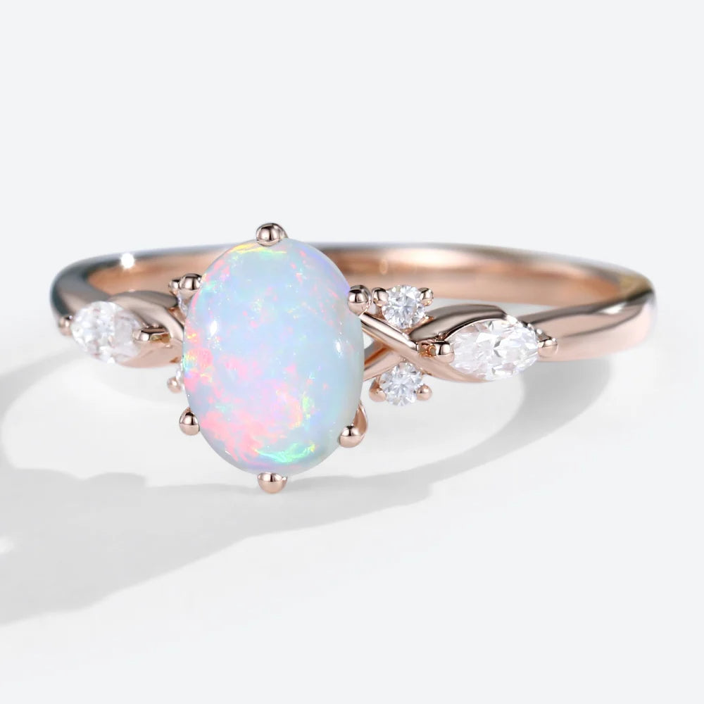 Vintage Oval Opal and Moissanite Engagement Ring