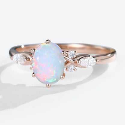 Vintage Oval Opal and Moissanite Engagement Ring