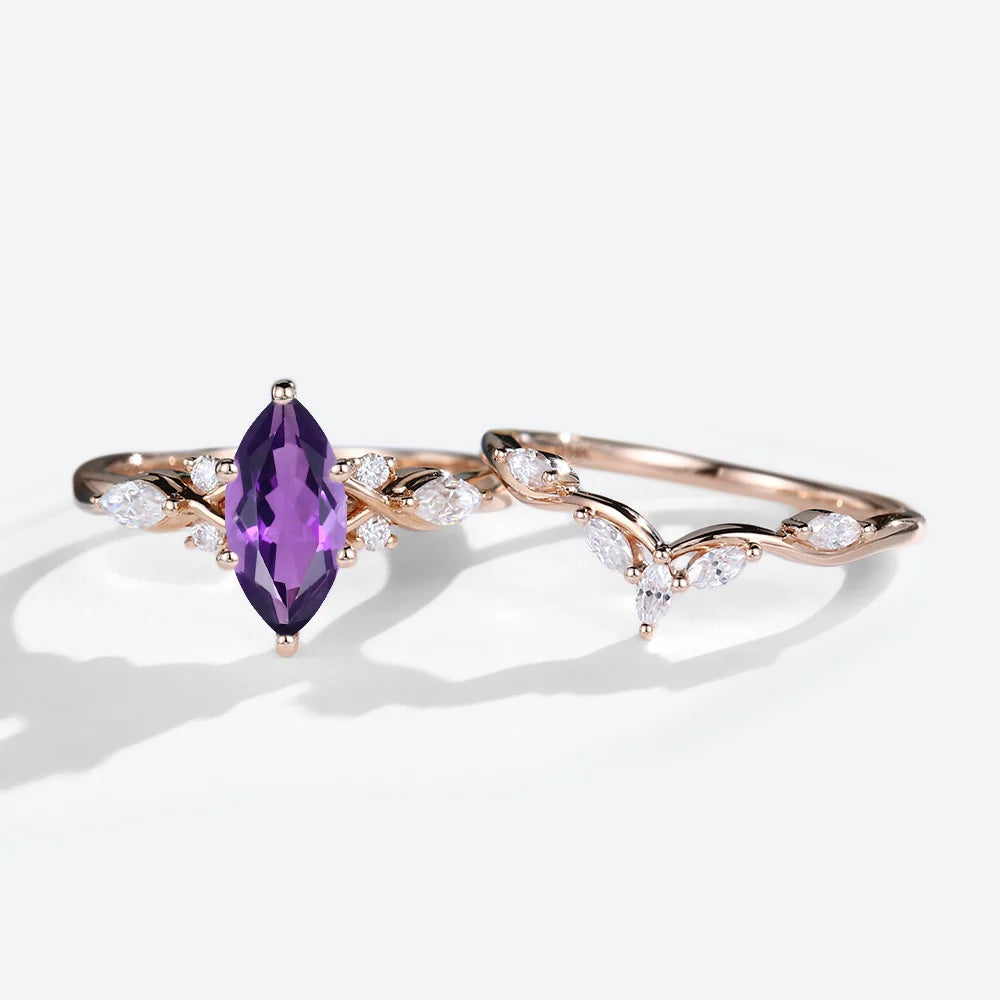 Unique Marquise Amethyst and Moissanite Wedding Ring Set Bridal Ring Set