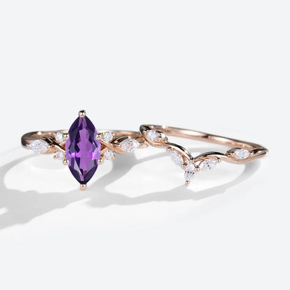 Unique Marquise Amethyst and Moissanite Wedding Ring Set Bridal Ring Set