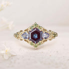 Unique floral engagement rings Three Stone Hexagon Lab Alexandrite and Blue sapphire 18K Yellow Gold Leaf Ring