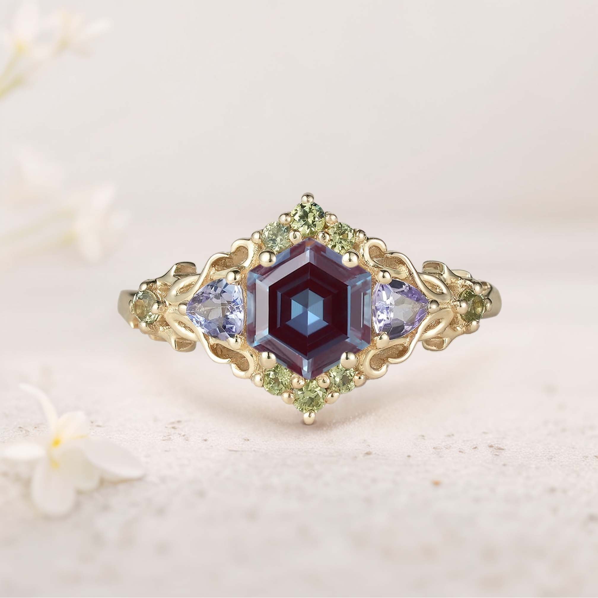 Unique floral engagement rings Three Stone Hexagon Lab Alexandrite and Blue sapphire 18K Yellow Gold Leaf Ring