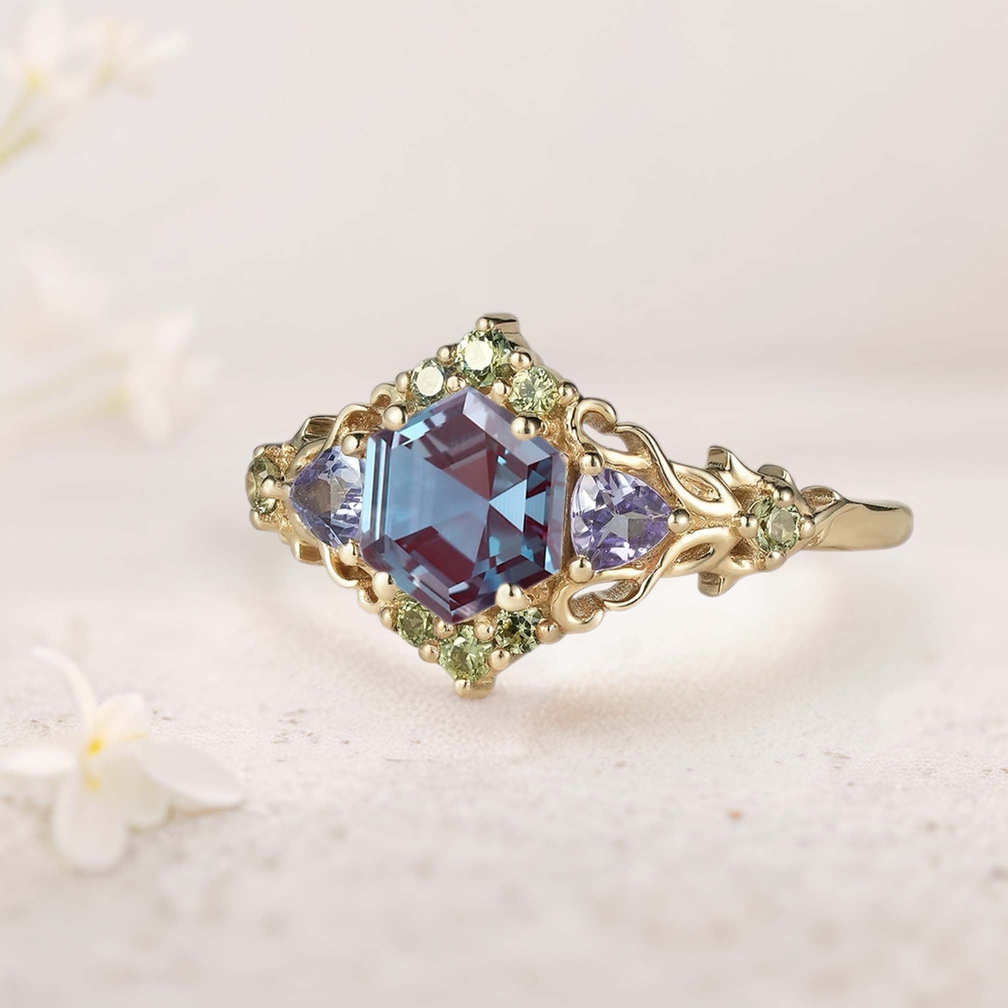 Unique floral engagement rings Three Stone Hexagon Lab Alexandrite and Blue sapphire 18K Yellow Gold Leaf Ring