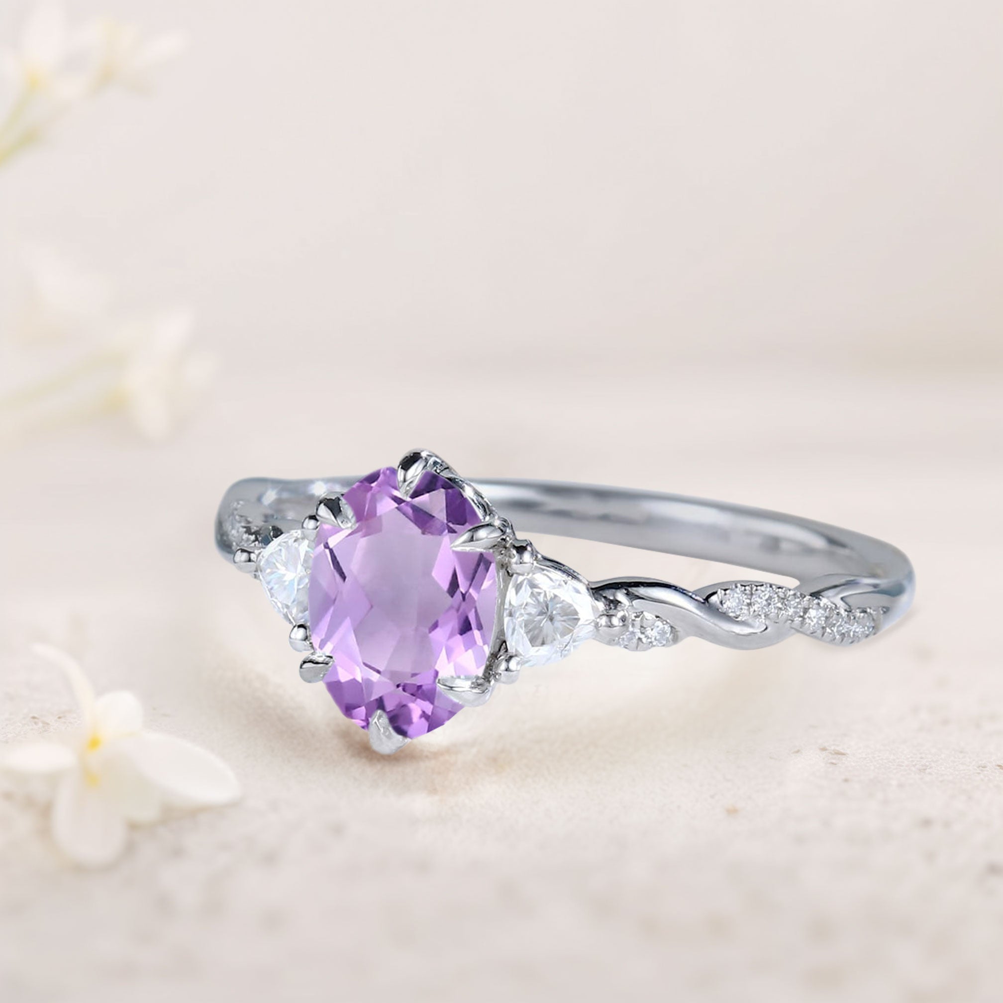 Unique Three Stone Oval Amethyst Ring 18K White Gold Engagement Ring