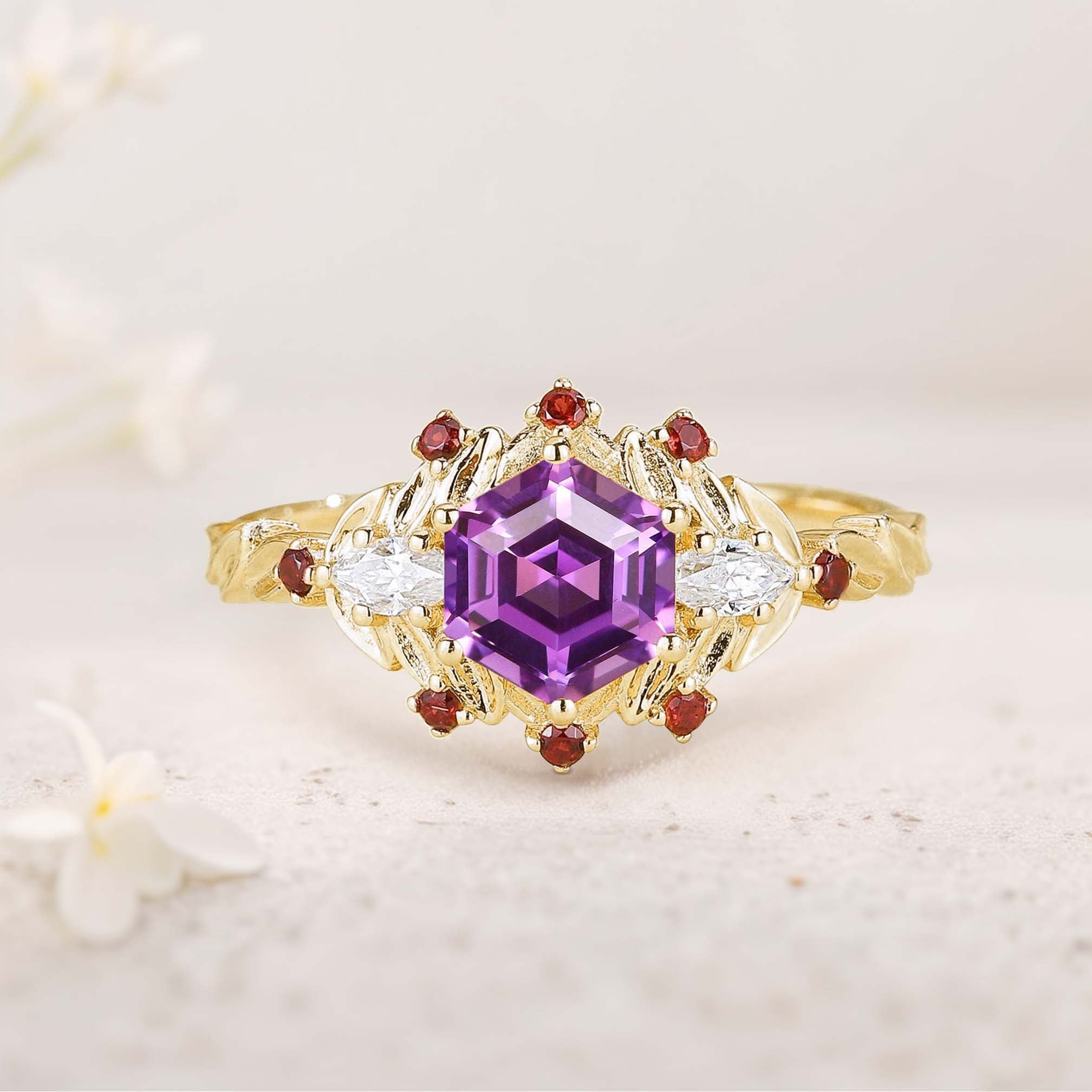 Unique floral engagement rings Hexagon Amethyst Flower 18K Yellow Gold Engagement Ring Leaf Wedding Ring For Women