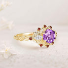 Unique floral engagement rings Hexagon Amethyst Flower 18K Yellow Gold Engagement Ring Leaf Wedding Ring For Women