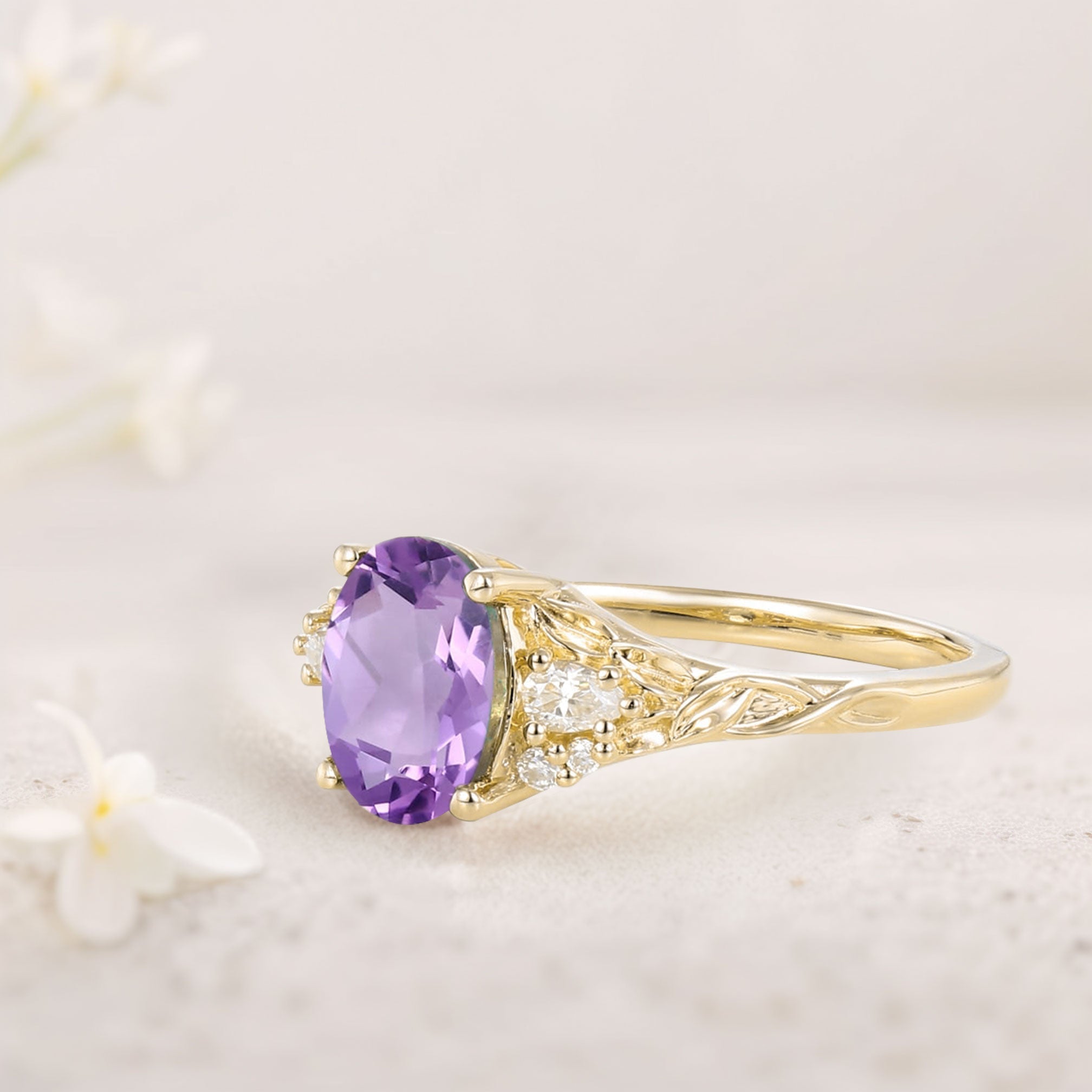 Unique Oval Amethyst and Moissanite 18K Yellow Gold Wedding Ring