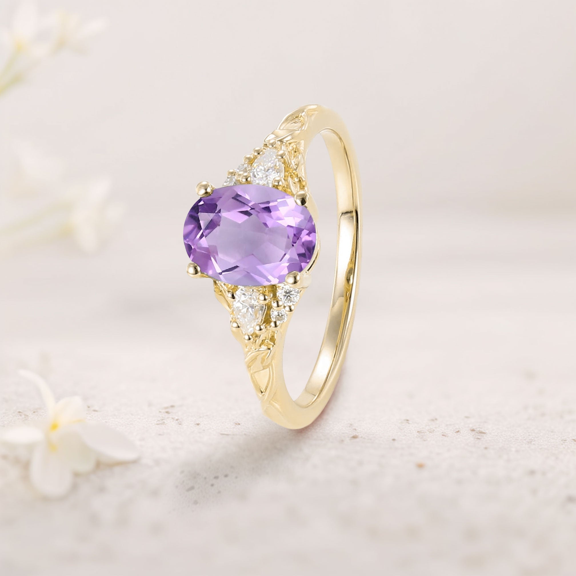 Unique Oval Amethyst and Moissanite 18K Yellow Gold Wedding Ring