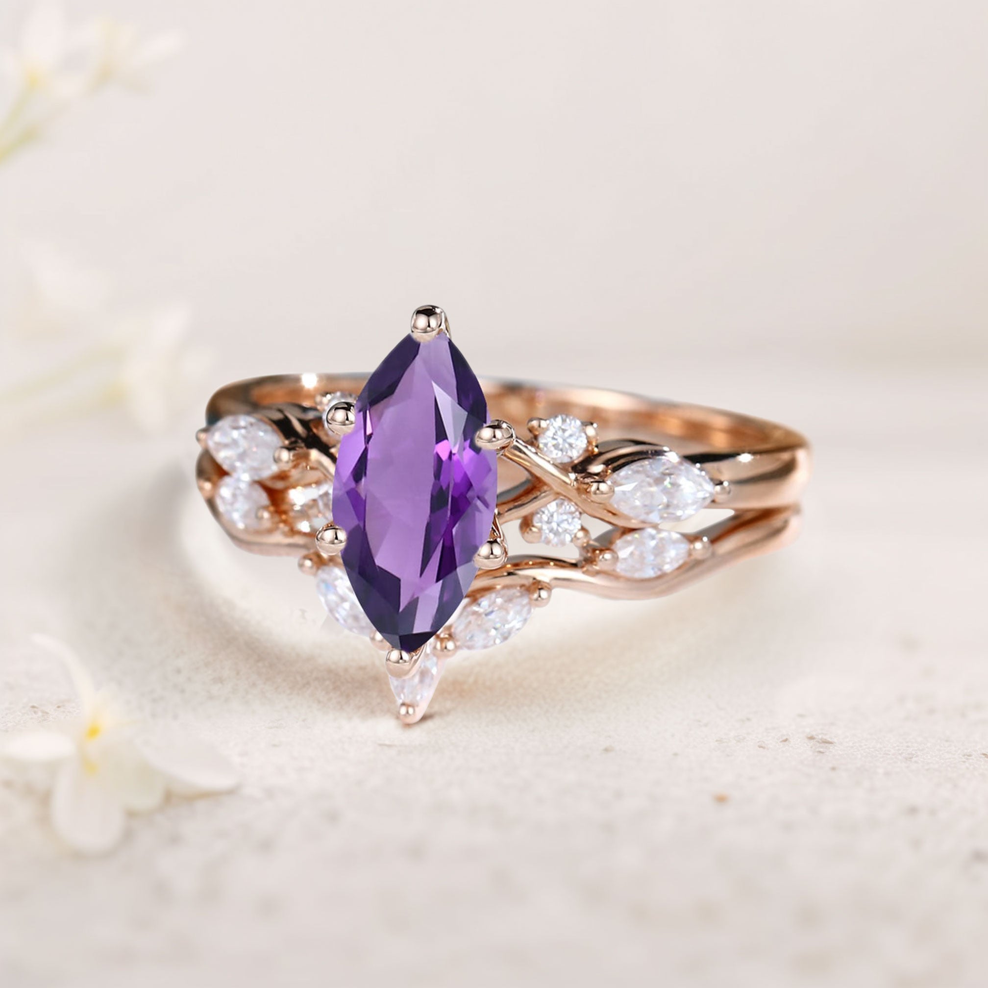 Unique Marquise Amethyst and Moissanite 18K Rose Gold Wedding Ring Set Bridal Ring Set