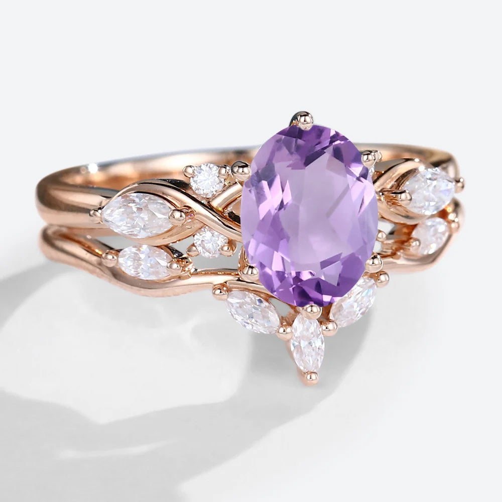 Vintage Oval Amethyst and Moissanite Curved Wedding Ring Set Bridal Ring Set