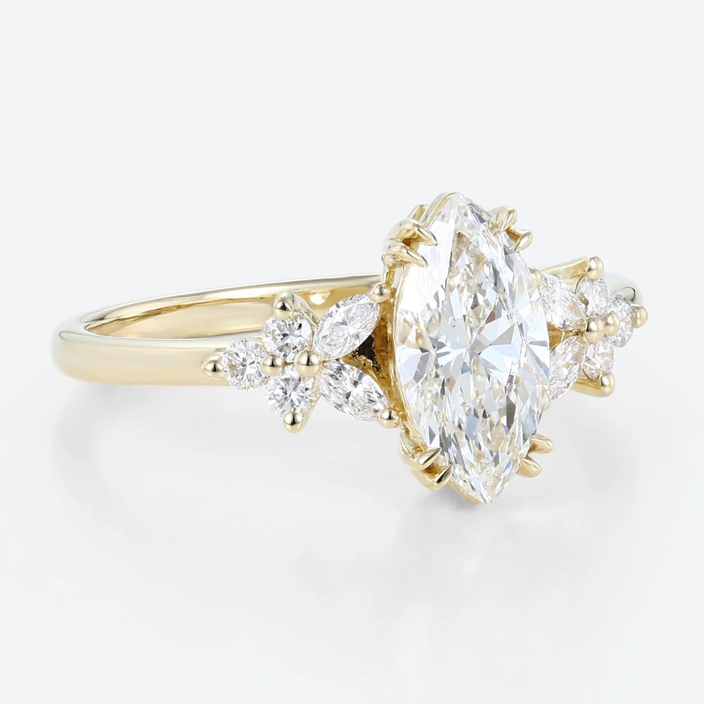 Unique Marquise Moissanite Rings Petal Side Stones Engagement Ring