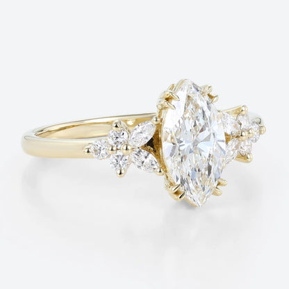 Unique Marquise Moissanite Rings Petal Side Stones Engagement Ring